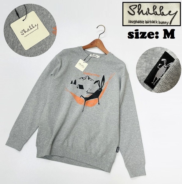 Shabby /M/ グレー長袖スウェット トレーナー トップス アウトドア キャンプ ブラックオレンジイラストプリント スポーツ バイク シャビー