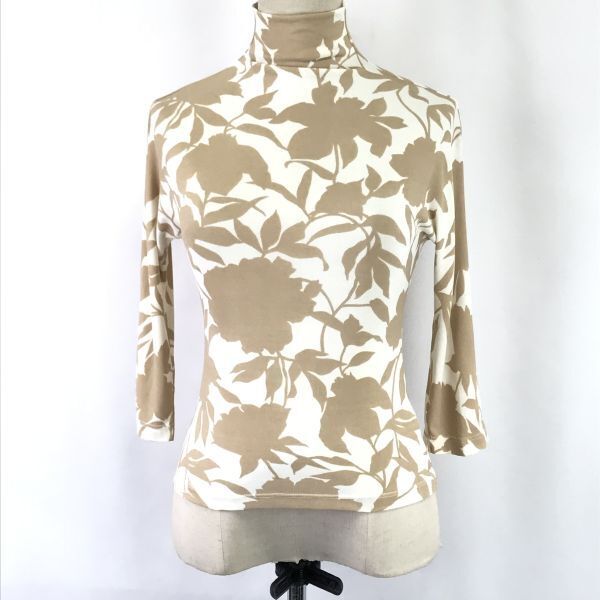 イタリア製/美品★モンド★レーヨン/七分袖ハイネックカットソー/長袖Tシャツ【レディースM/ホワイト×ベージュ/花柄】Tops/Shirts◆BH988