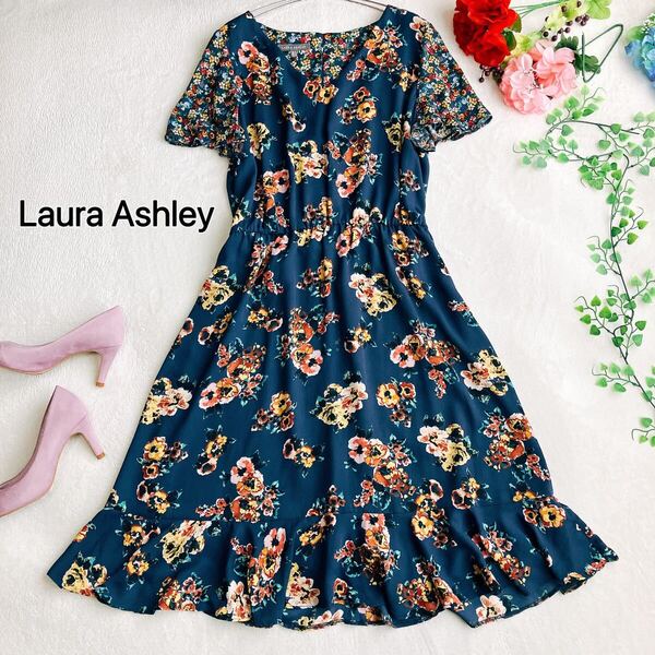 Laura Ashley ローラアシュレイ★花柄 フレアスリーブ Aライン ワンピース ギャザー Vネック フリル ネイビー【大きいサイズ】【手洗い可】