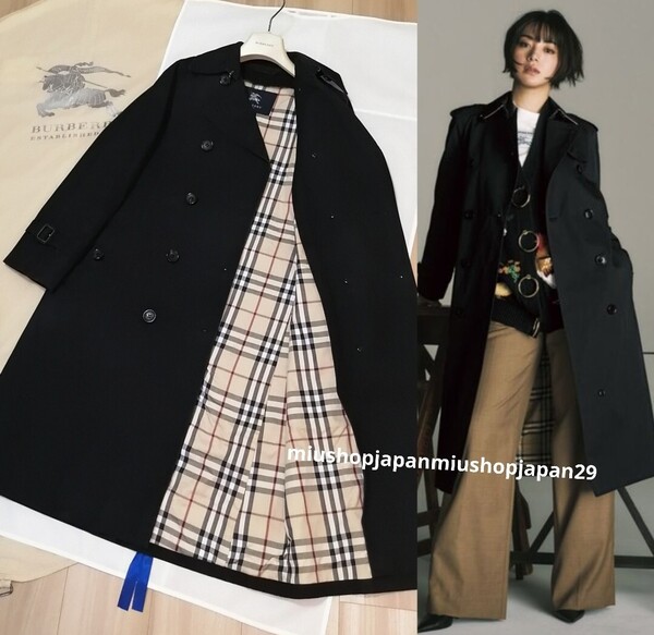 本物上質●バーバリー ロンドン BURBERRY LONDON ノバチェック トレンチコート ロング丈 ブラック S M