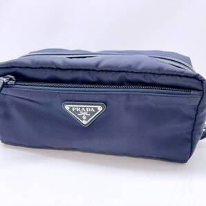 美品 PRADA プラダ トライアングルロゴ ナイロン サフィアーノ ポーチ ネイビー 2NA028