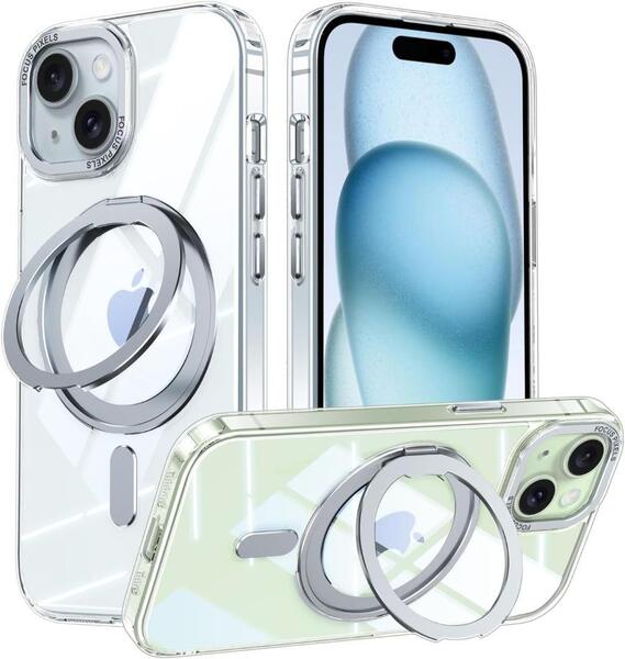 iPhone 15 Plus 適用 ケース Magsafe対応 アイフォン15プラス カバー 360°回転スタンド Uovon スマホケース ワイヤレス充電 クリア
