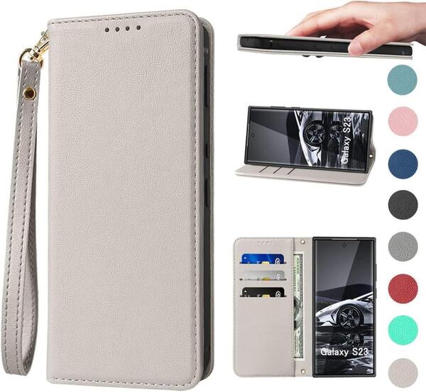 Galaxy S23 5G ケース 手帳型 高質PUレザー Galaxy S23 カバー SC-51D ケース SCG19 カバー 内蔵マグネット開閉式 スマホケース カーキ