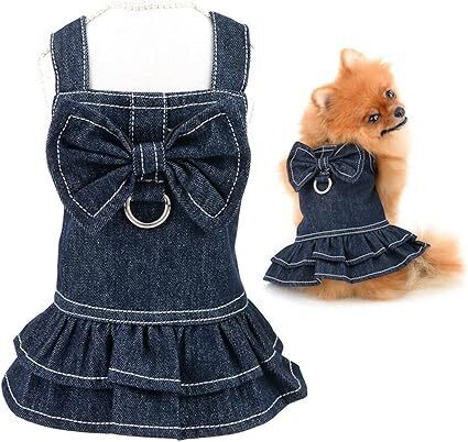 ペット服 犬 服 春 夏 デニム 姫様ワンピース 蝶結び付き 洋服型ハーネス 女の子 ドッグウェア 簡単着脱 お散歩 お出かけ (L)