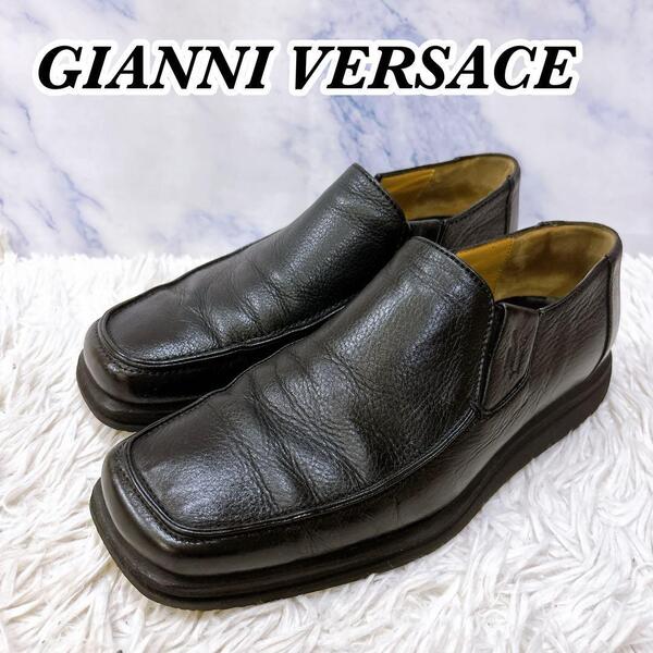 送料無料 GIANNI VERSACE ジャンニ ヴェルサーチ 本革 レザー スリッポン サイドゴア ビジネスシューズ ブラック 黒 メンズ 41