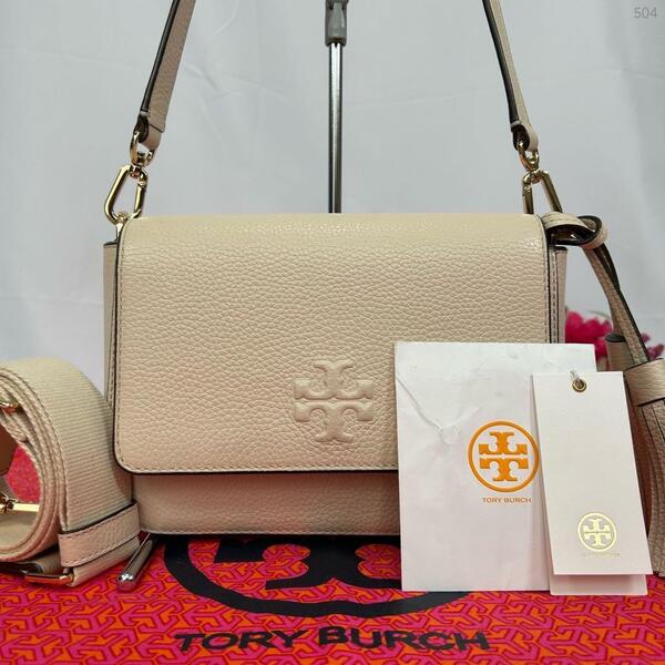【未使用級】TORY BURCH トリーバーチ 2way ショルダーバッグ クラッチバッグ レザー ビッグロゴ 肩掛け 斜め掛け ベージュ レディース