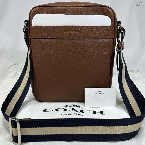 【未使用品/カード付】COACH コーチ チャールズ ショルダーバッグ ボディバッグ スムースレザー 肩掛け 斜め掛け ブラウン 茶 メンズ
