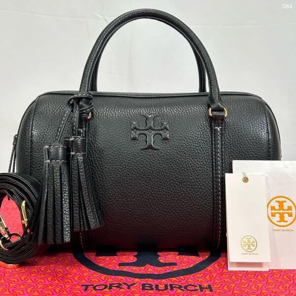 【極美品】TORY BURCH トリーバーチ エンボスロゴ 2way ミニボストンバッグ ハンドバッグ ショルダーバッグ レザー 手提げ ブラック 黒