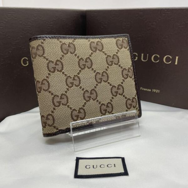 【極美品】GUCCI グッチ 二つ折り財布 コンパクト財布 ミニ財布 小銭入れ付き キャンバス レザー GG ベージュ レディース メンズ