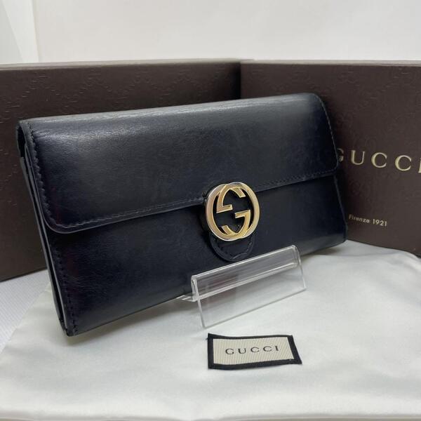 【美品】GUCCI グッチ 長財布 二つ折り財布 小銭入れ付き レザー GG GGライン インターロッキング ブラック 黒 レディース メンズ