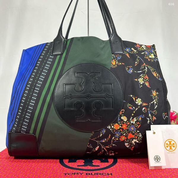 【美品】TORY BURCH トリーバーチ エラ トートバッグ マザーズバッグ レザー×ナイロン 肩掛け A4可 花柄 総柄 ボタニカル 通勤 レディース