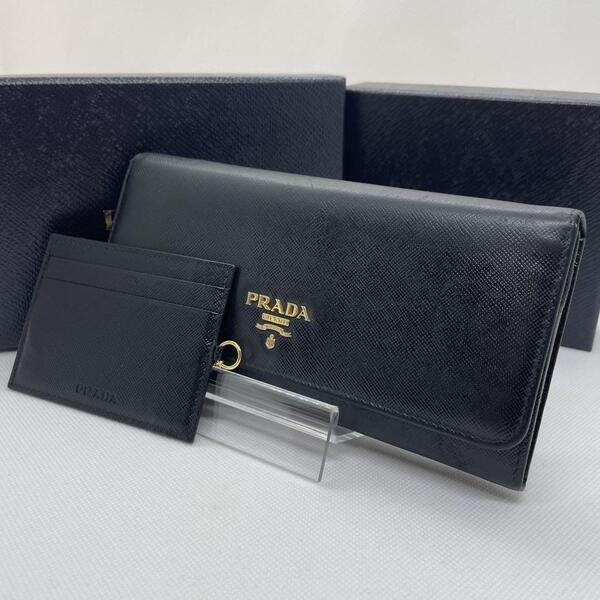 【極美品】PRADA プラダ 長財布 二つ折り財布 レザー 小銭入れ付き パスケース付き 定期入れ 名刺入れ ブラック 黒 レディース