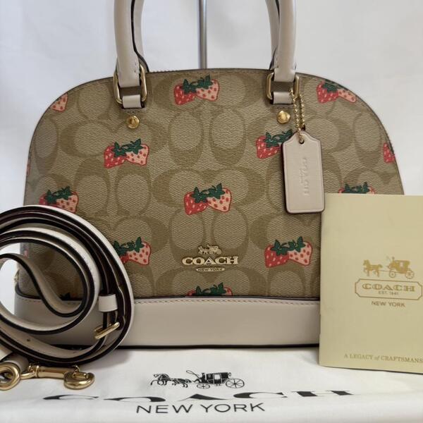 【訳あり未使用級/タグ付き】COACH コーチ 91514 シグネチャー 2way ハンドバッグ ショルダーバッグ レザー イチゴ柄 ベージュ