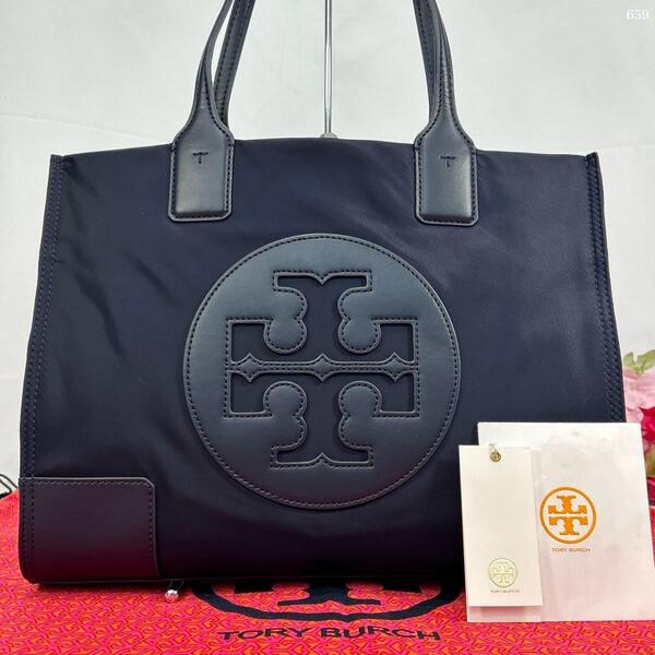 【未使用級】TORY BURCH トリーバーチ エラ トートバッグ ビジネスバッグ レザー ナイロン 肩掛け 手提げ ネイビー 紺 A4可 大容量 通勤
