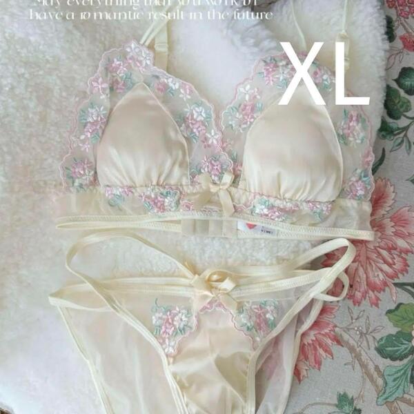 楽ブラ ブラレット セクシー下着2789アイボリーXL ノンワイヤーブラ ブラジャーショーツセット