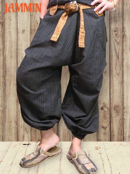 織り柄アジアンサルエルパンツ エスニック アジアン ヒッピー 黒 男女兼用