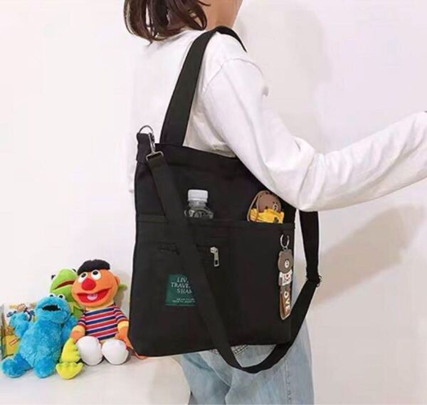 キャンバス トートバッグ 2way レディースショルダーバッグシンプル 通勤通学 ブラック