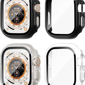 2枚Apple Watch Ultra 用 ケース 49mm アップルウォッチウルトラ カバー 保護カバー 一体型 全面保護 9H硬度 ガラスフィルム 黒とクリア
