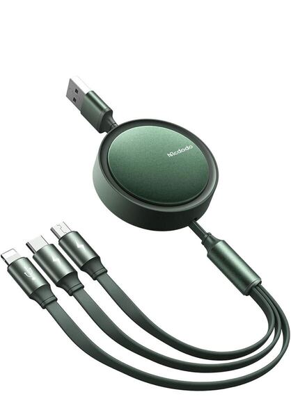 3in1 巻き取り式充電ケーブル 3.5A急速充電 iPhone 16など対応 ライトニングケーブル Type-Cケーブル Micro USB長さ調節可能 グリーン 1.2m