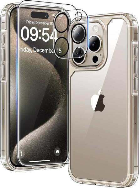TAURI 5イン1 iPhone 15 Pro用ケース スクリーンプロテクター2枚 + カメラレンズプロテクター2枚付き 6.1インチ クリア 耐衝撃 落下保護