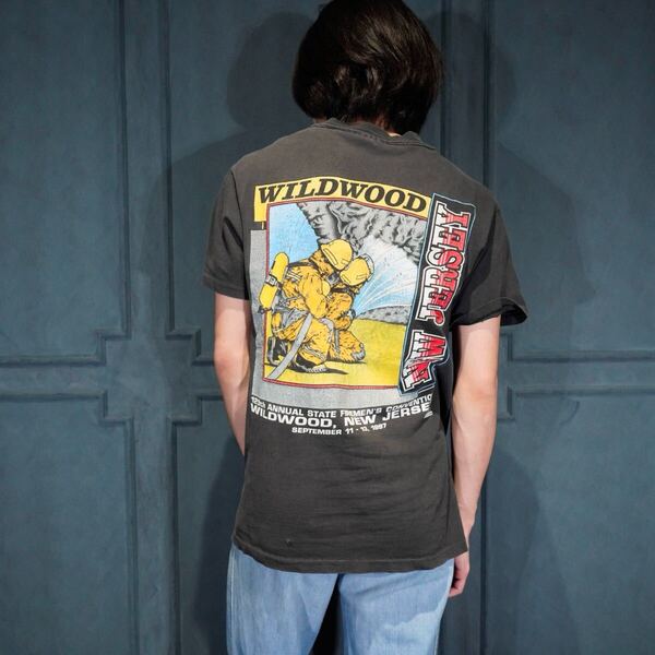 90's USA VINTAGE Hanes FIREMAN PRINT DESIGN T SHIRT/90年代アメリカヘインツ古着消防士プリントデザインTシャツ