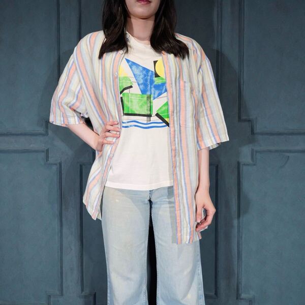 USA VINTAGE Weekender STRIPE PATTERNED DESIGN HALF SLEEVE LINEN SHIRT/アメリカ古着ストライプ柄デザイン半袖リネンシャツ
