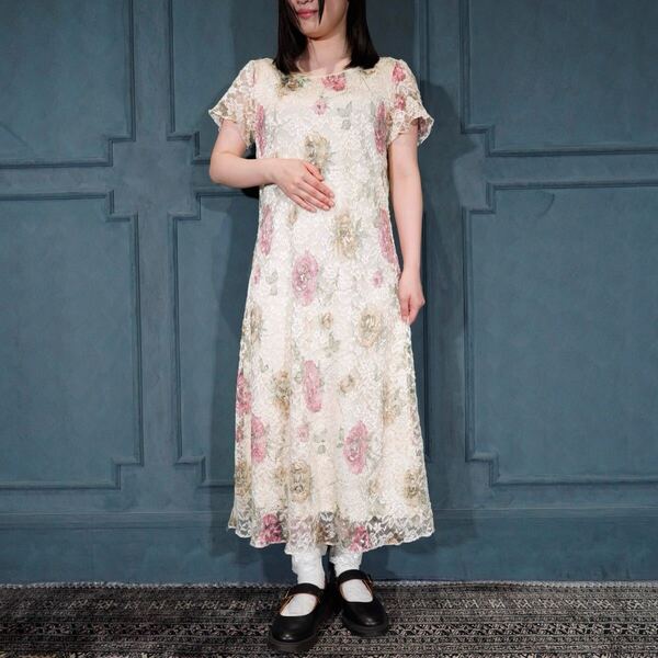 USA VINTAGE Ronni Nicole by Ouida FLOWER PATTERNED ALL LACE DESIGN ONE PIECE/アメリカ古着お花柄総レースデザインワンピース