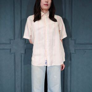 USA VINTAGE BUS STOP STRIPE PATTERNED DESIGN HALF SLEEVE LINEN SHIRT/アメリカ古着ストライプ柄デザイン半袖リネンシャツ