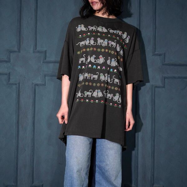 90's USA VINTAGE EZL CAT PRINT DESIGN BIG T SHIRT/90年代アメリカ古着にゃんこプリントデザインTシャツ