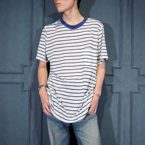 80's~90's USA VINTAGE BORDER PATTERNED POCKET DESIGN T SHIRT/80年代~90年代アメリカ古着ボーダー柄ポケットデザインTシャツ