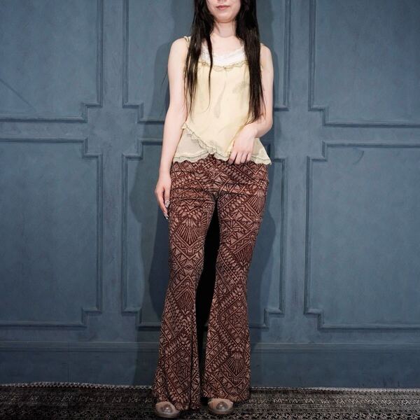 USA VINTAGE WINDsor ETHNIC PATTERNED DESIGN EASY FLARE PANTS/アメリカ古着エスニック柄デザインイージーフレアパンツ