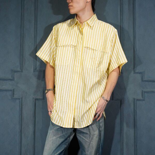 EU VINTAGE STRIPE PATTERNED DEFORMATION POCKET DESIGN HALF SLEEVE SHIRT/ヨーロッパ古着ストライプ柄変形ポケットデザイン半袖シャツ