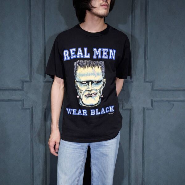 90's USA VINTAGE TULTEX REAL MEN WEAR BLACK PRINT DESIGN T SHIRT/90年代アメリカ古着プリントデザインTシャツ