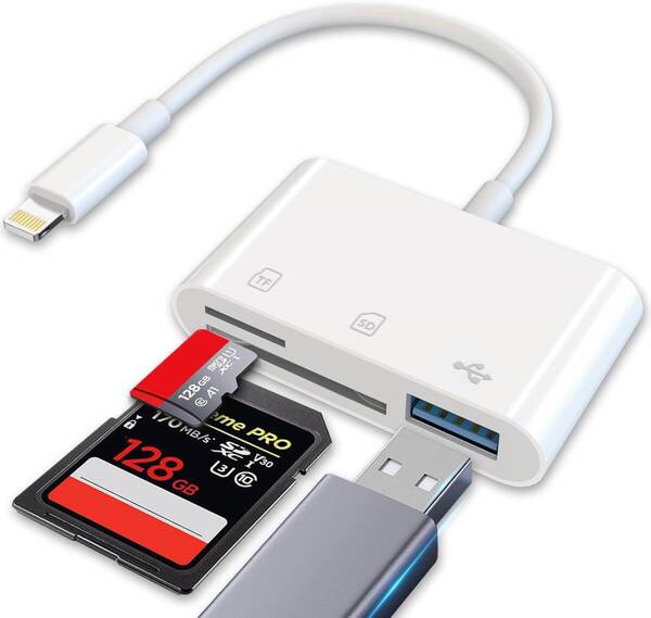 iPhone SDカードリーダー 3in1 USB/SD/TF変換アダプタ 設定不要 写真/ビデオ USB3.0 双方向転送 メモリカードリーダー iPhone/iPad/iOS対応