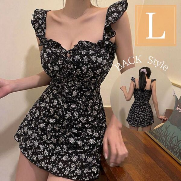 ワンピース水着 小花 体型カバー 細見え くびれ ブラック L 黒 大人 可愛い プール ショートパンツ フリル レースアップ