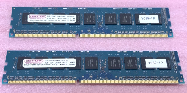 ●センチュリーマイクロ CD8G-D3UE1600 2枚セット *PC3-12800E/DDR3-1600 SK hynixチップ ECC Unbuffered DDR3 UDIMM 16GB(8GB x2) 動作品