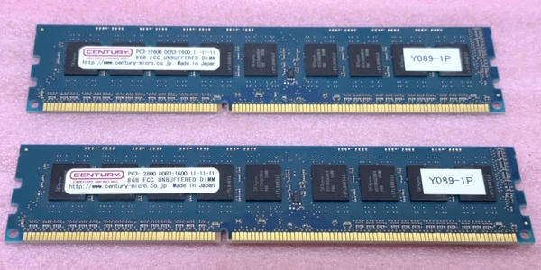 ○センチュリーマイクロ CD8G-D3UE1600 2枚セット *PC3-12800E/DDR3-1600 SK hynixチップ ECC Unbuffered DDR3 UDIMM 16GB(8GB x2) 動作品