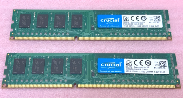 ◆Crucial CT204864BD160B 2枚セット *PC3L-12800U/DDR3L-1600 Micronチップ 240Pin DDR3 UDIMM 32GB(16GB x2) 動作品