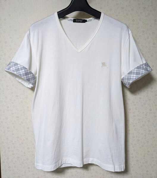 【着用1回 極美品】 バーバリーブラックレーベル Vネック Tシャツ 白 L 半袖カットソー 袖ノバチェック BURBERRY BLACK LABEL 送料無料