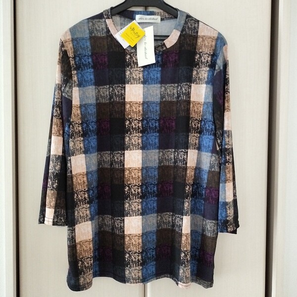 新品タグ付【LLサイズ】七分袖 丸首 カットソー ミセス レディース ポリエステルブラウス ゆったり チェック 船場ニット 118397