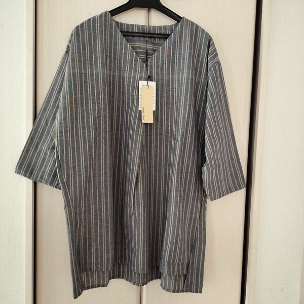 新品タグ付き【LLサイズ】stylish Thief レディース 七分袖 カットソー シャツ トップス ボーダー グレー 関西ファッション連合 Vネック