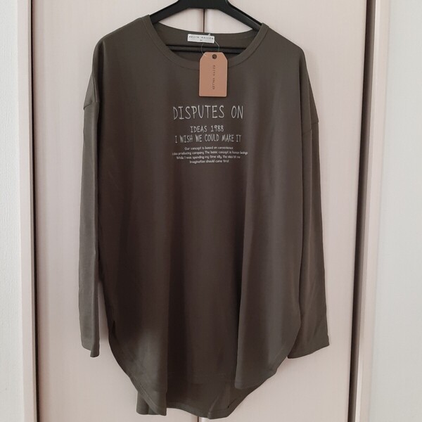 新品【Lサイズ】KEITH VALLER レディース 長袖Tシャツ トップス チュニック ビッグTシャツ ゆったり大きめ 3468H カーキ ロングTシャツロゴ