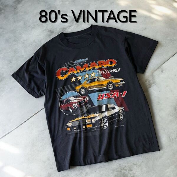 80's VINTAGE アメリカ購入 シボレー カマロ グラフィックTシャツ ビンテージ 80年代 シングルステッチ 黒T CHEVROLET CAMARO アメ車 古着