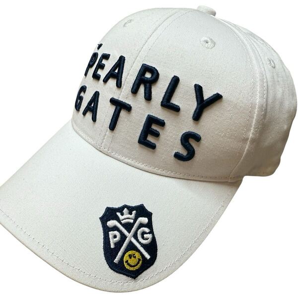 即決★PEARLY GATES★美品 キャップ ニコちゃん パーリーゲイツ ワッペン 白 ホワイト 立体ロゴ刺しゅう