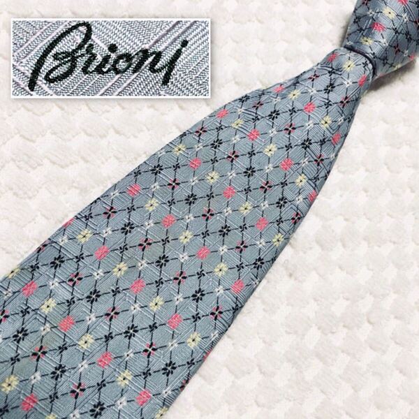 Brioni ブリオーニ ネクタイ 格子 花柄 総柄 シルク100% イタリア製 グレー系 ビジネス クラシコイタリア