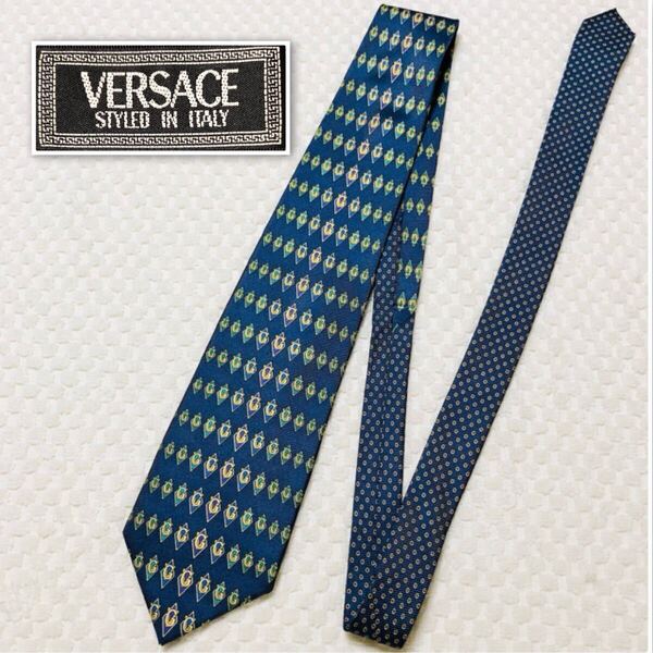 ■美品■VERSACE ヴェルサーチ ネクタイ GVロゴ 菱形 総柄 シルク100% 日本製 ブルー ビジネス