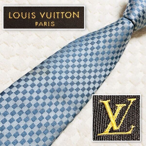 LOUIS VUITTON ルイヴィトン クラヴァット ネクタイ マイクロダミエ 総柄 シルク100% イタリア製 ライトブルー ビジネス