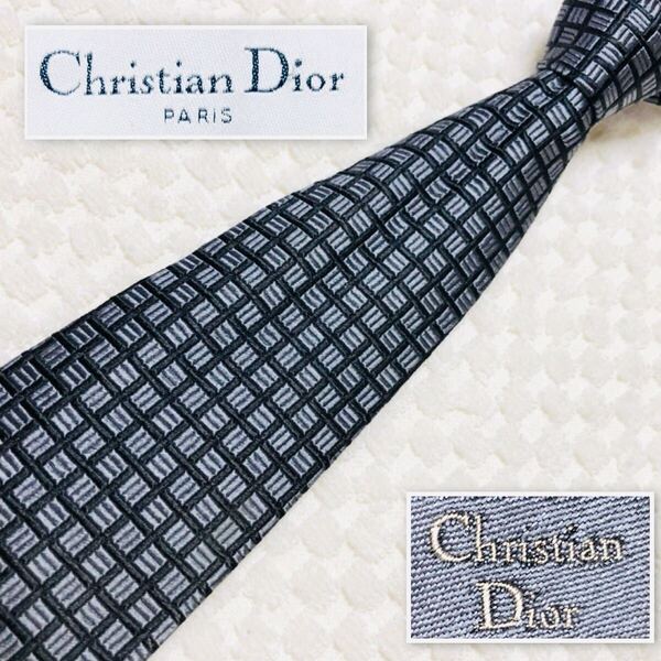 ■表側美品■Christian Dior クリスチャンディオール ネクタイ 格子 総柄 シルク100% フランス製 ブラック×グレー ビジネス