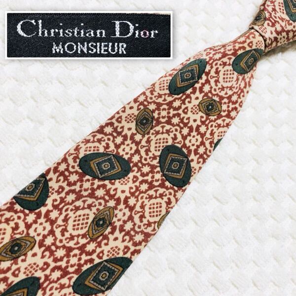 Christian Dior クリスチャンディオール ネクタイ 楕円 装飾 ジュエリー 総柄 シルク100% ベージュ×えんじ×グリーン