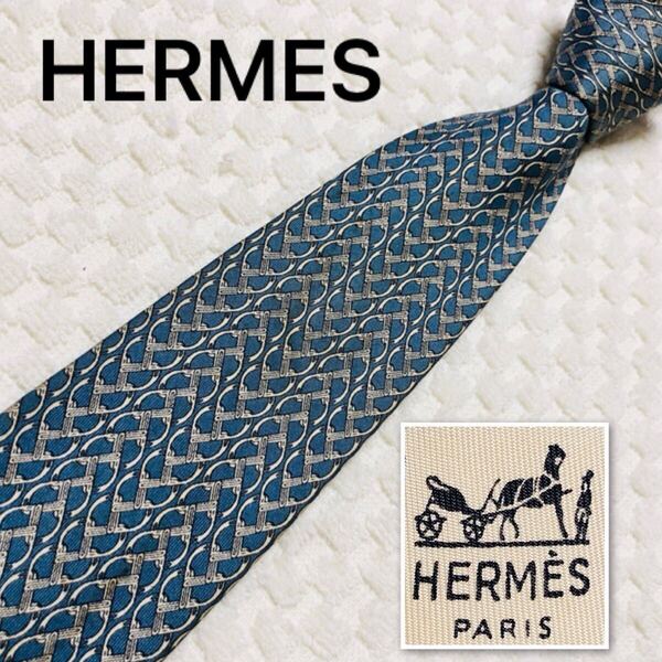 HERMES エルメス ネクタイ 金具 総柄 シルク100% フランス製 813 MA ブルー系 ビジネス
